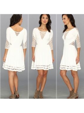 Free People White Lace-Trim Fit & Flare Mini Dress